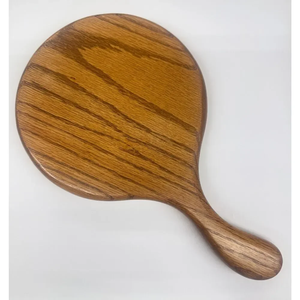 Vintage Solid Oak Wood Handheld Mirror Beveled Glass Round Hand Mirror Vanity 12